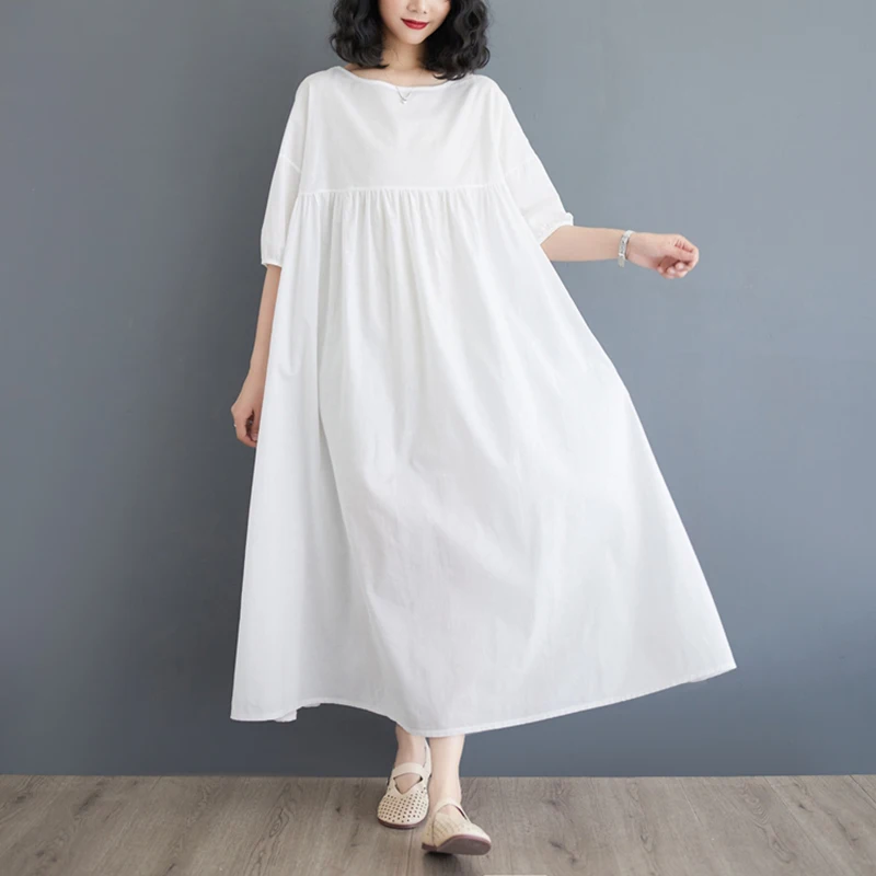 여성용 화이트 라미 코튼 린넨 드레스 비치 휴가 천상의 흐르는 긴 Boho 루즈 퓨어 컬러 미디 여름 캐주얼 우아한 드레스