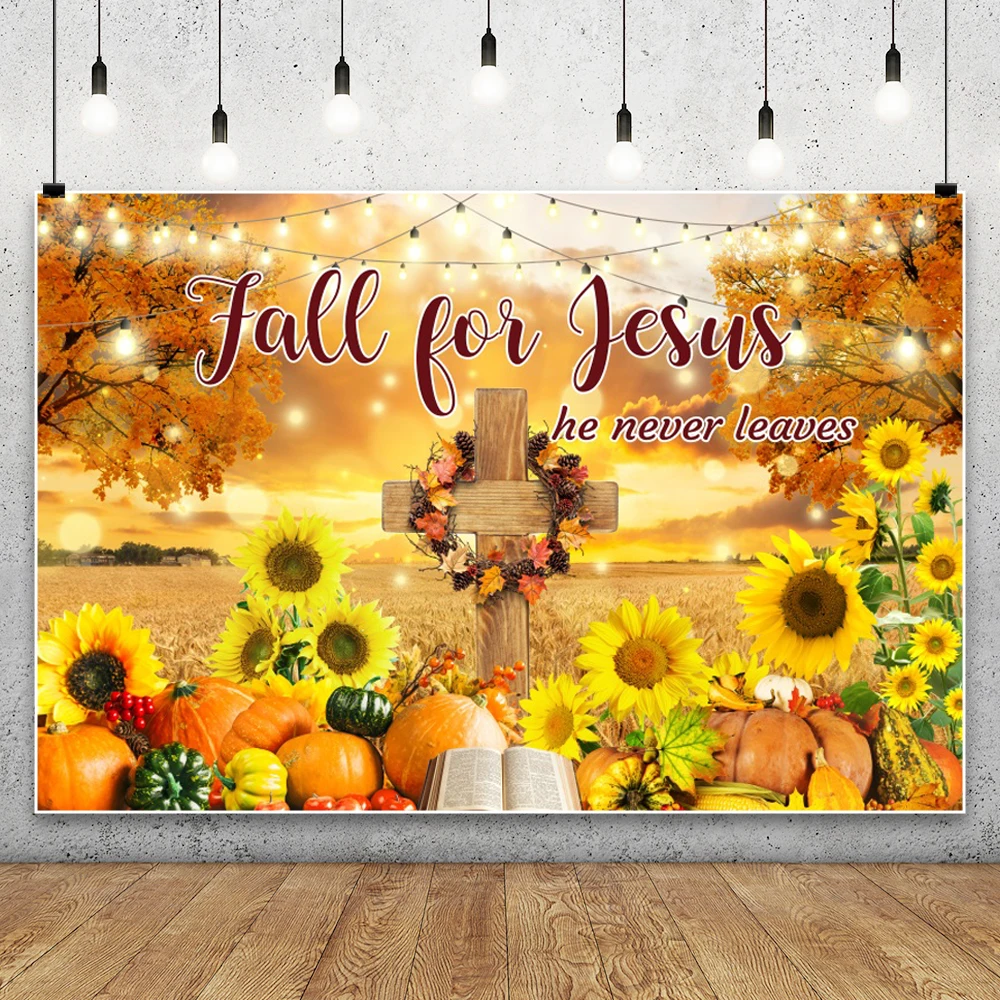 Осень для Иисуса, осенний пейзаж, фон для фотосъемки, тыквы, подсолнухи, украшение в виде кленового листа, семейная вечеринка, фон для фотосессии