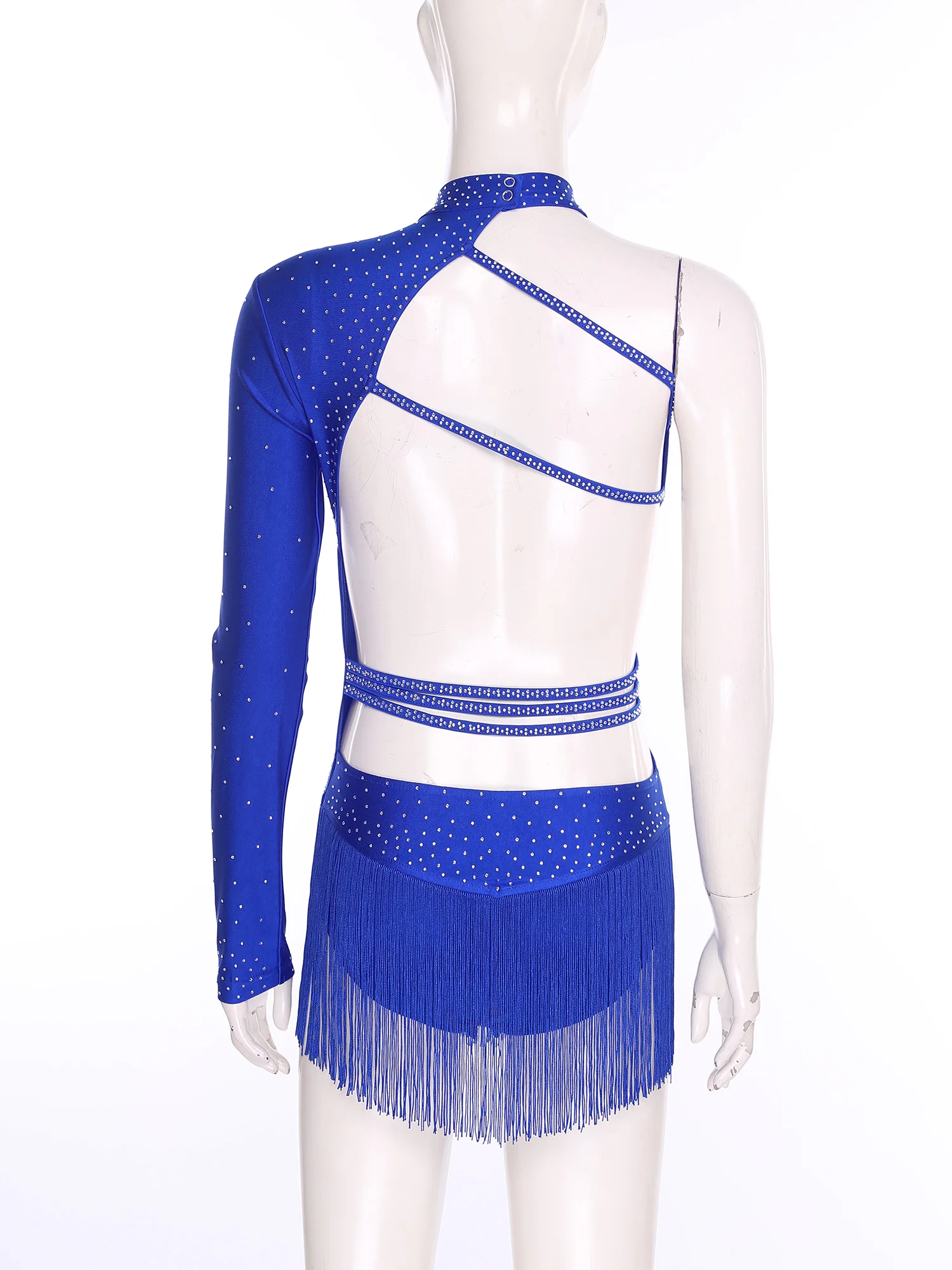 Vrouwen Latin Dance Turnpakje Een Schouder Strass Backless Kwastje Bodysuit voor Kunstschaatsen Cha-cha Tango Samba Rumba Ballroom