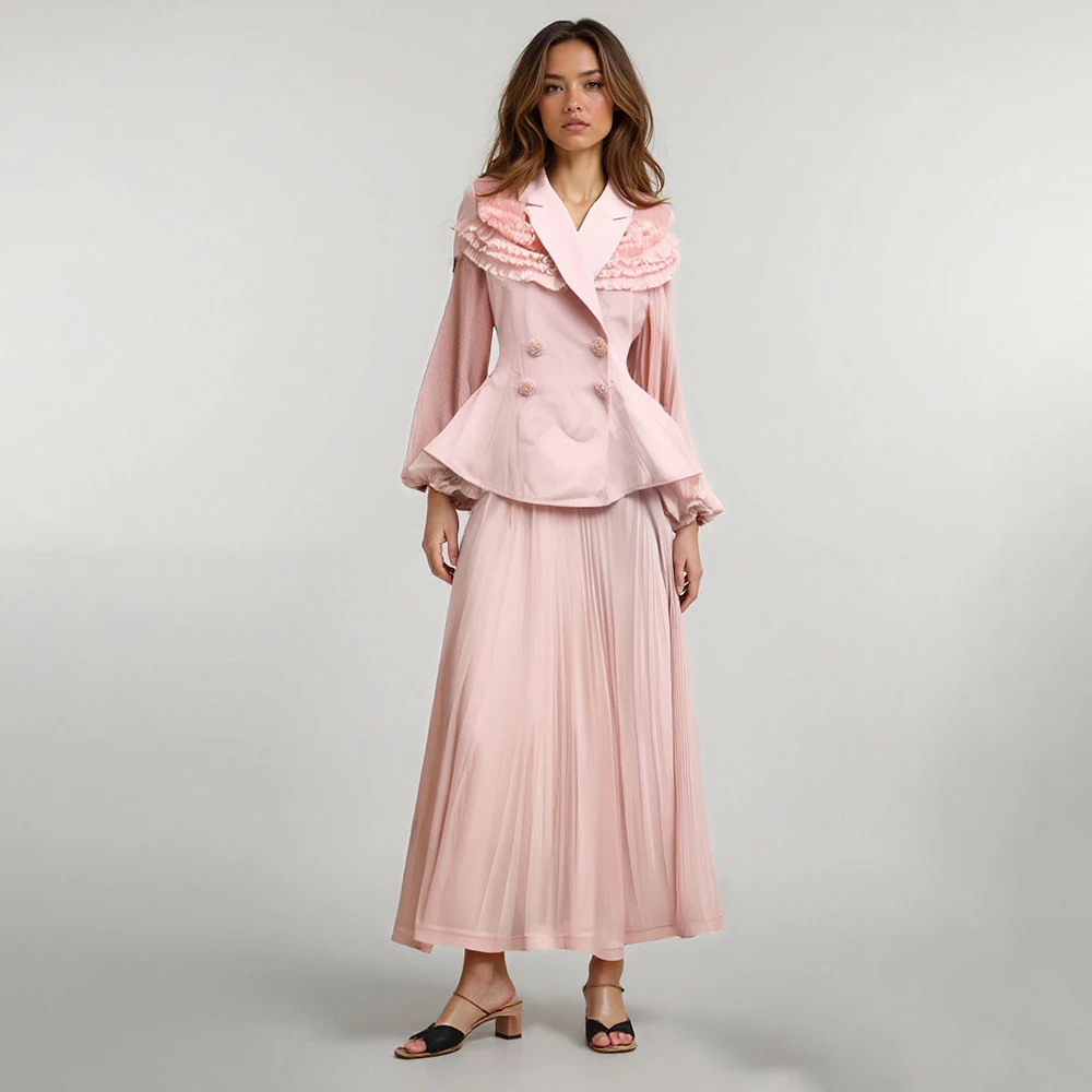 

Solid Two Piece Set For Women Lapel Long Sleeve Tunic Coat High Waist Temperament Skirt Sets Female Fashion Style