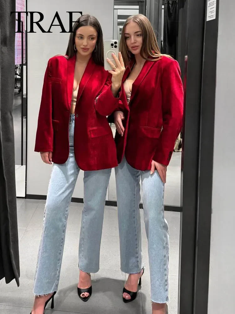 TRAF Female Blazers Coats Red Turn Down Collar Long Sleeves Pockets Decorate Single Button Woman\'s Fashion Spring Jackets