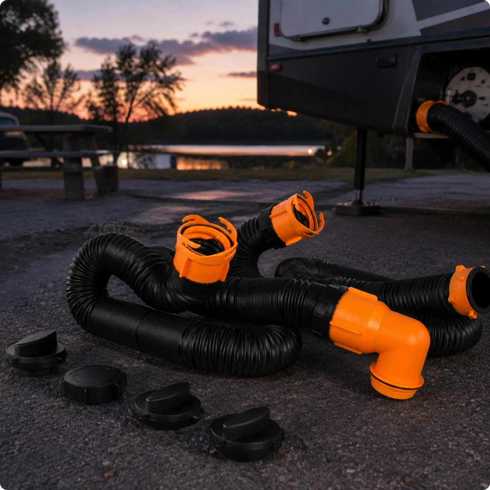Flexible RV Drainage Tube 2 Pack Corrugated Sewer Hose with Orange Fittings for Trailer Motorhome Waste Tank