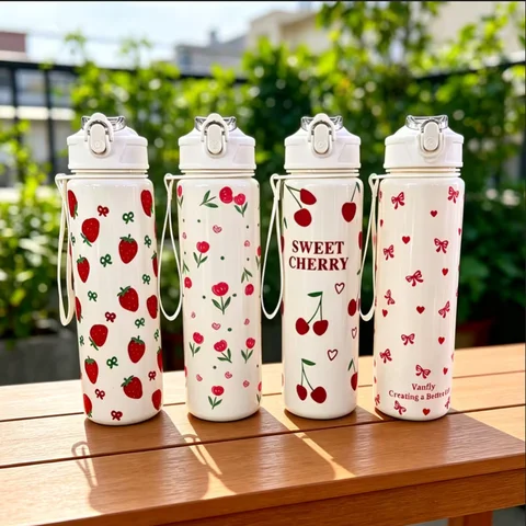 750ML Cute Strawberry Cherry Flower Bowknot Printed Tumbler with Pure White Base, High-Value Straw Cup for Sports