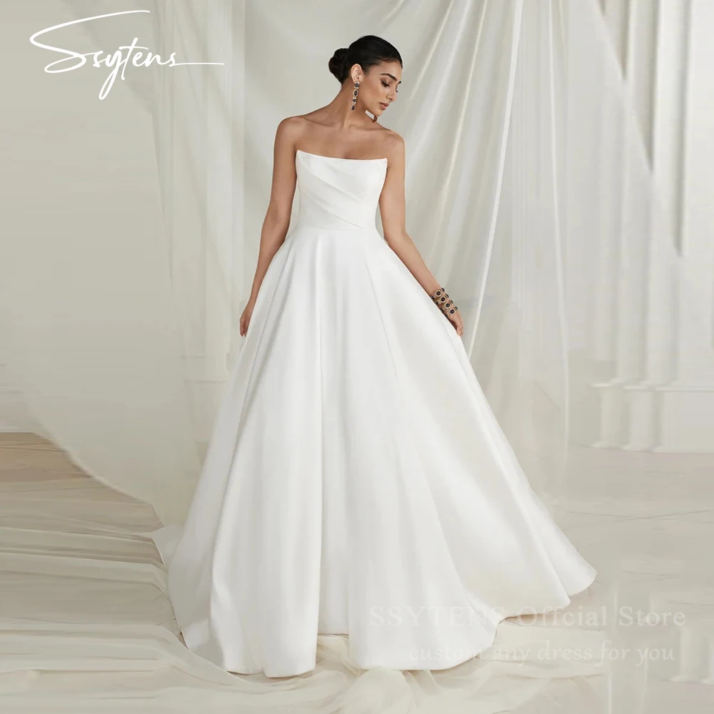 

SSYTENS Elegant Long Wedding Dresses Strapless Civil Bride Gowns Boho Back Bow Beach White Bridal Ball Prom Dresses Customized