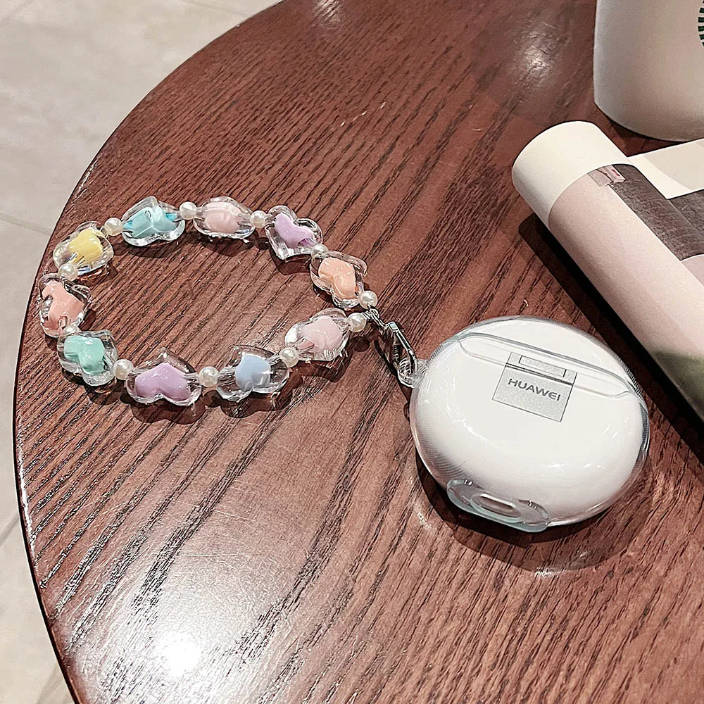 سيليكون سوار الحبل الحال بالنسبة لهواوي Freebuds 5i 4 برو 3 4i شفافة القلب لون الحلوى حالة سماعة شحن غطاء صندوق