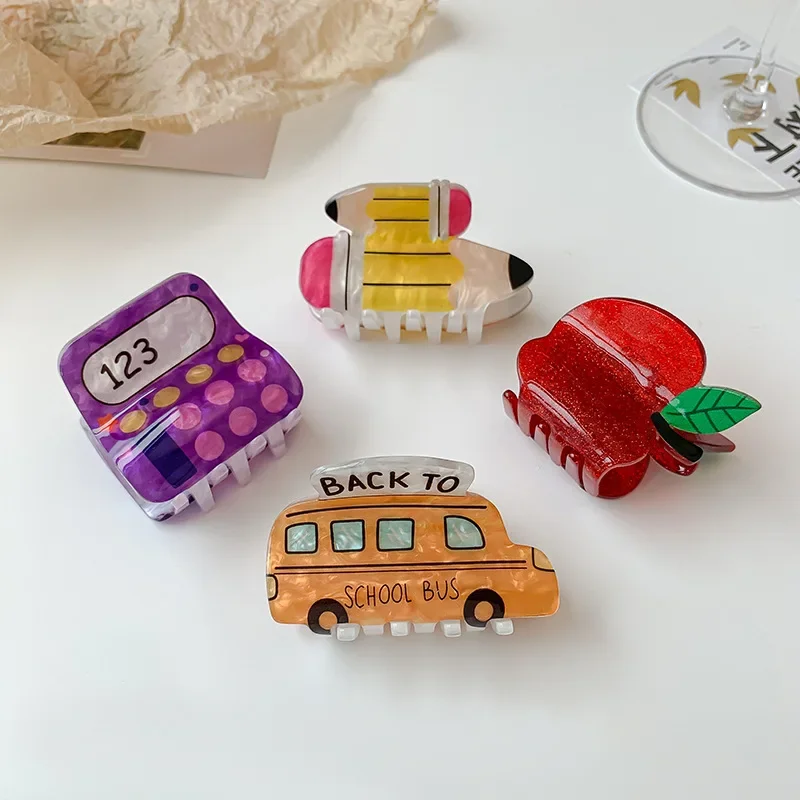 New Cute Cartoon Car Hair Claw Acrylic Pencil School Bus Phone Crab Hair Clip Student Hairpin Hair Accessories for Women Girl