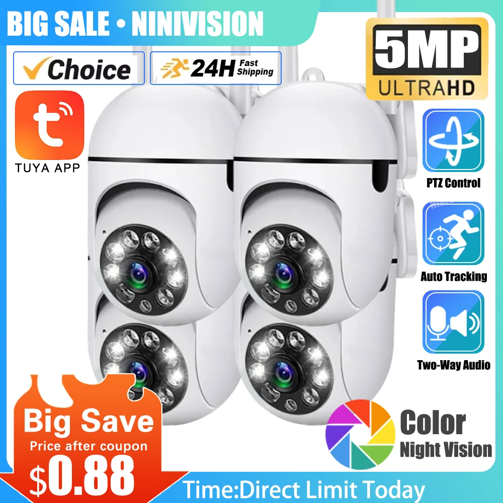 

5MP Wifi Camera Tuya Indoor 360° PTZ Pet Baby Monitor IR Night Vision Ai Detect P2P Surveillance Mini IP Cameras With Smart Life