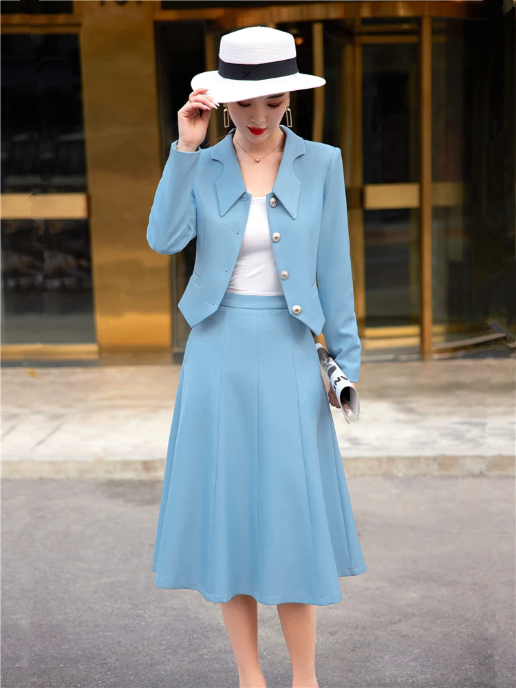 Fashion Spring Dress Sets Elegant Korean Version Short Coat Big Swing Skirt Crop Blazer Hight Waist Skirts 2 Piece Sets