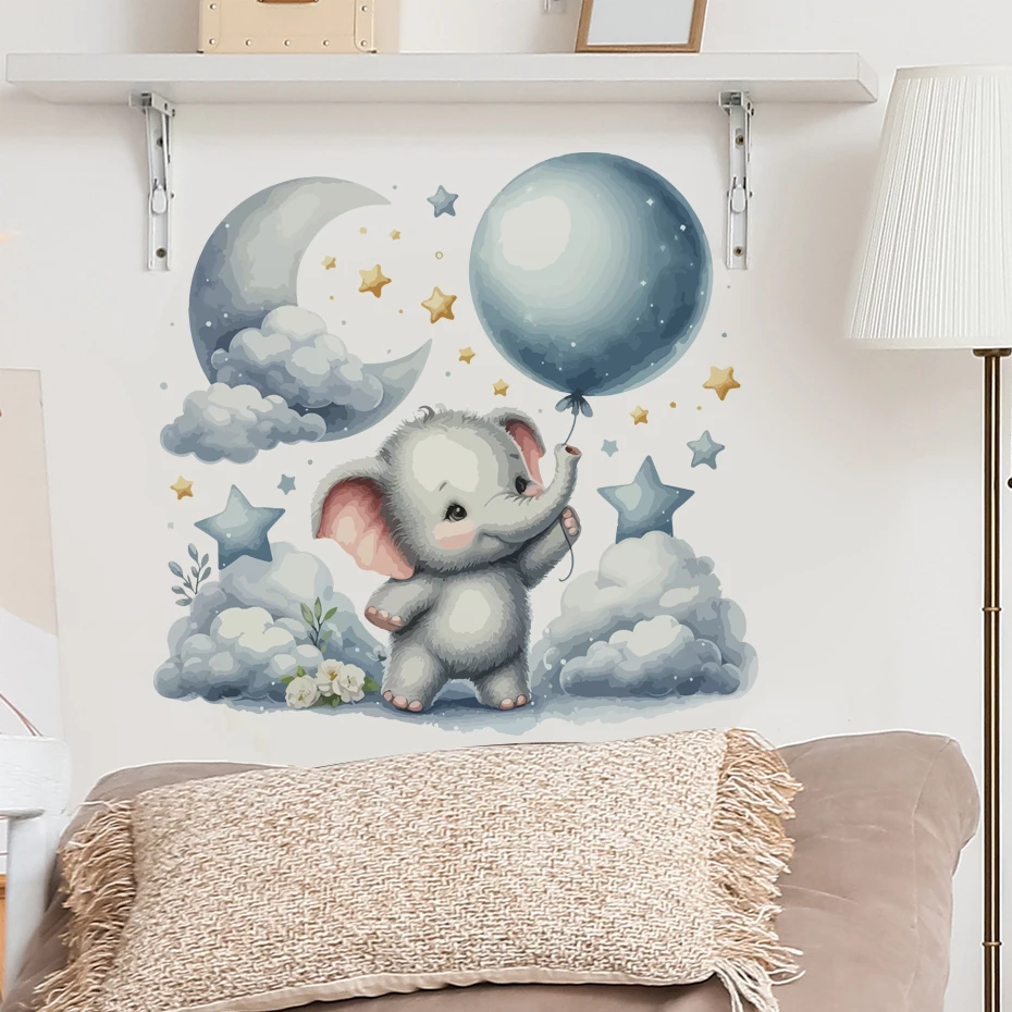 Pegatinas de pared de Luna y elefante de dibujos animados azules para habitación de niños, decoración para habitación de niños, decoración para sala