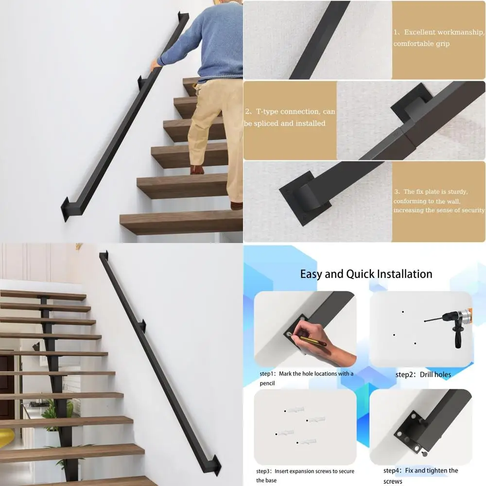 درابزين الدرج الداخلي - درابزين حديد أسود بطول 8 أقدام، حامل جداري على الطراز الصناعي، سعة تحميل 500 رطل، درابزين أمان للدرج الداخلي #1