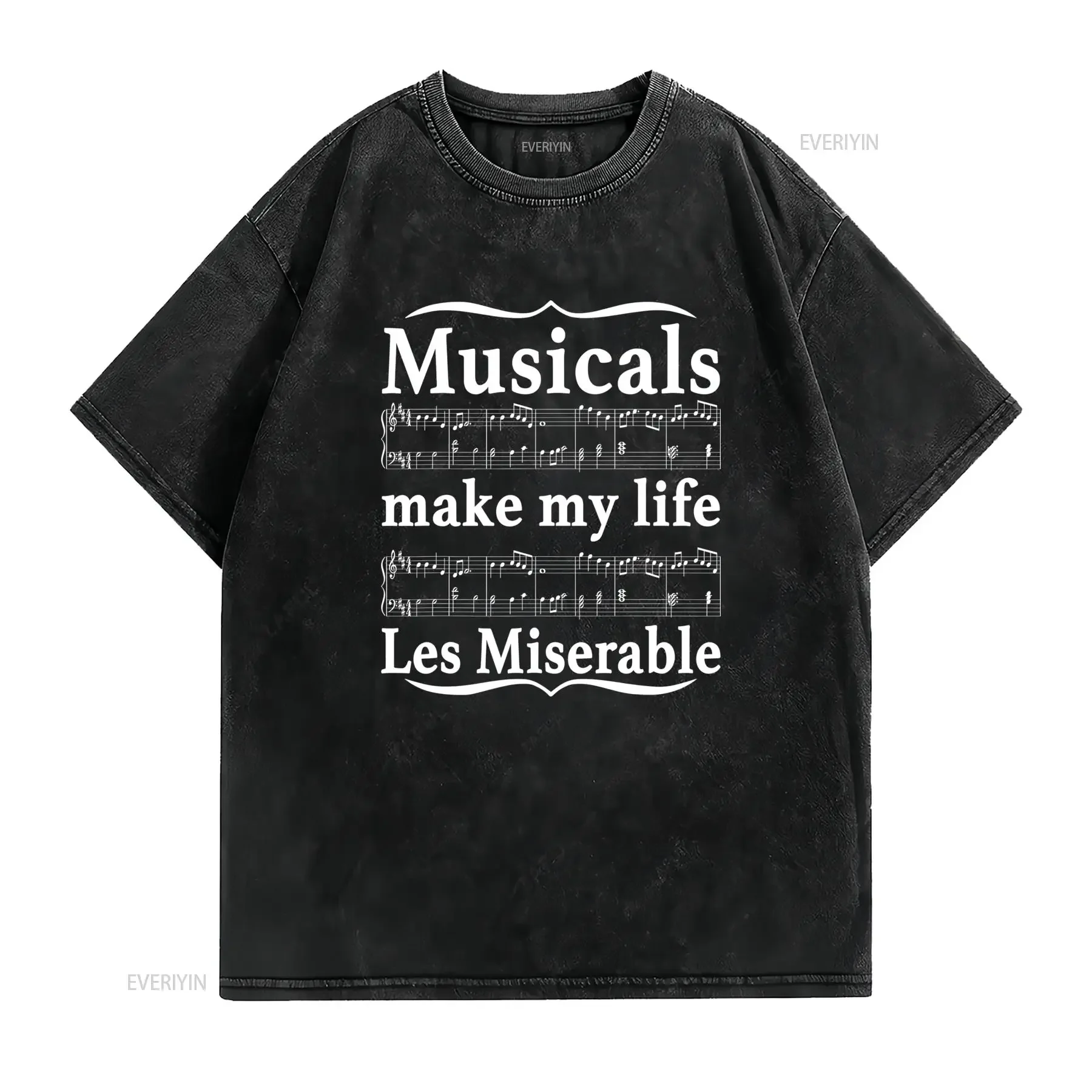 Musicals Maken Mijn Leven Les Miserable Grappig Theater T Shirt Zwart met Witte Muzieknoten Lyrics Print Regular Fit Ronde