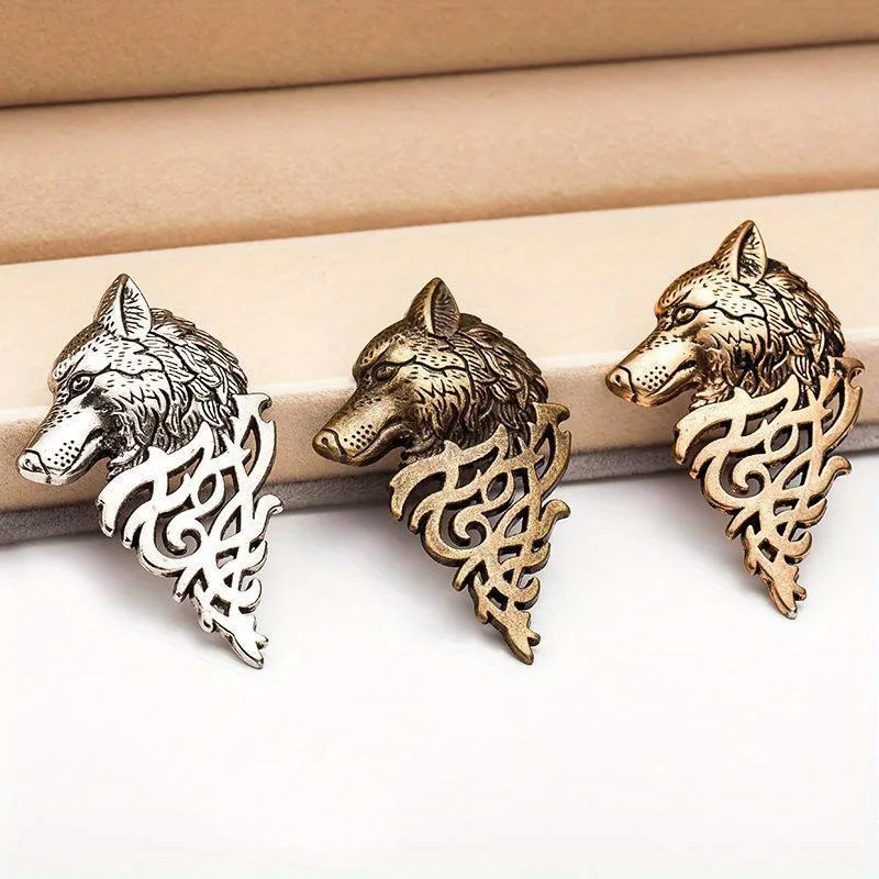 2Pcs European American Retro Jewelry Personalized Men's Suit Animal Neckline Buckle Domineering Wolf Head Brooch
