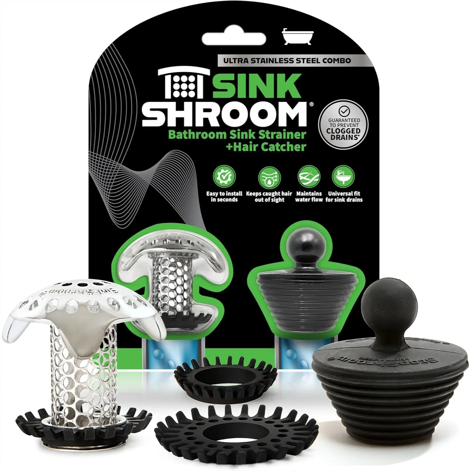 

SinkShroom Ultra Bathroom Sink Drain Protector, Stainless Steel with Stopper, Fits Standard Drains, Catches Hair, Patented