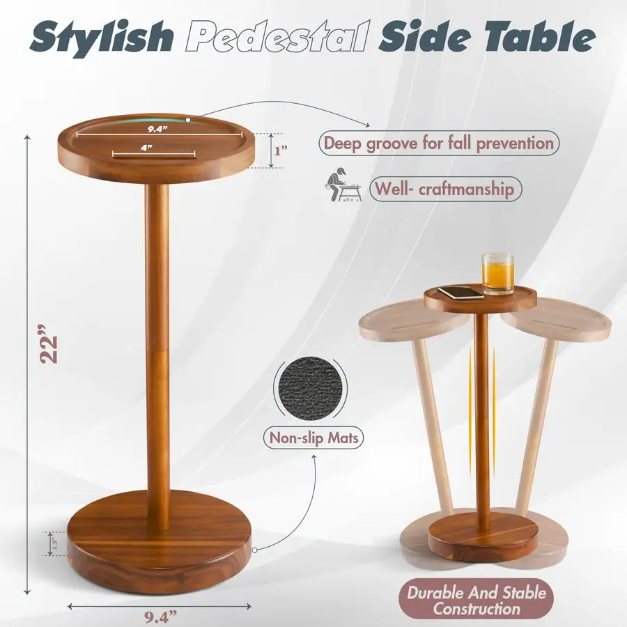 Drink Table, 24.4 Tall Compact Side Table with Phone Slot and Weighted Base, Durable Pedestal Table Accent for Living Room, Bedr