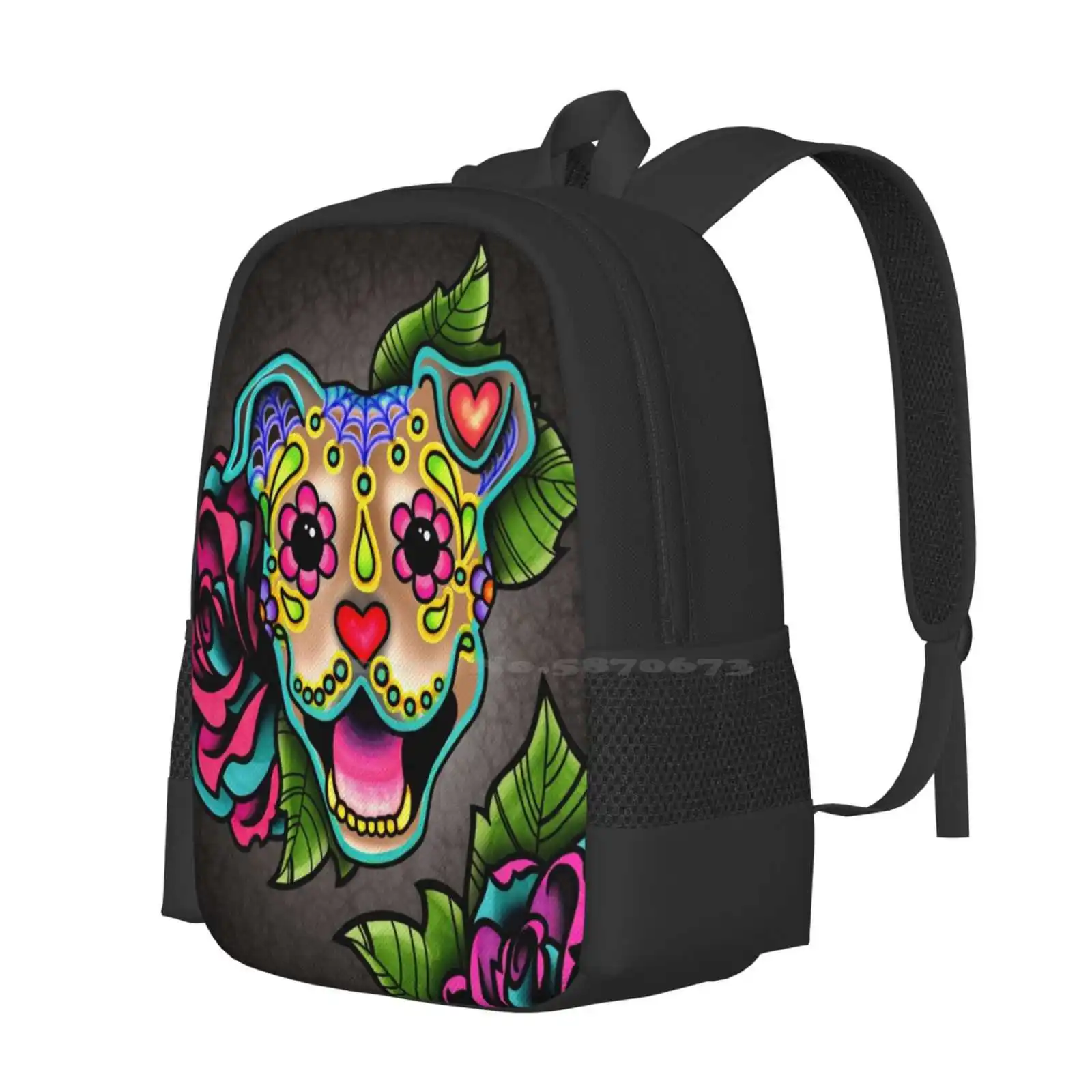 Smiling Pit Bull In Fawn-Day Of The Dead Happy Pitbull-Sugar Skull Dog Fashion Pattern Design Travel Laptop School Backpack Bag