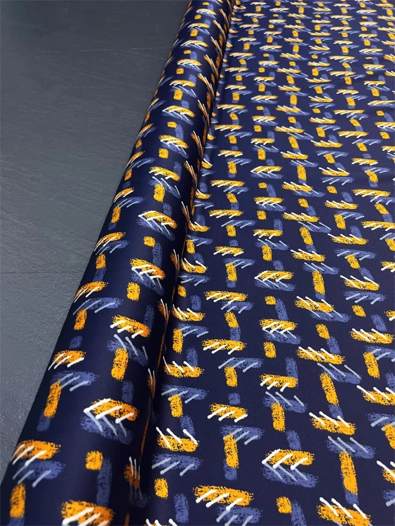 24 New Full Printed Character Deep Blue Elastic Thread Satin Crepe Fabric Luxury Handmade Clothing, Mulberry Silk Fabric Textile