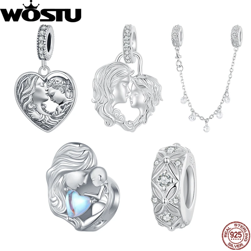 WOSTU 925 Sterling Silver Retro Family Heart Pendant Embossed Silicone Safety Chain Fit Original Bracelet Gift for Mother's Day