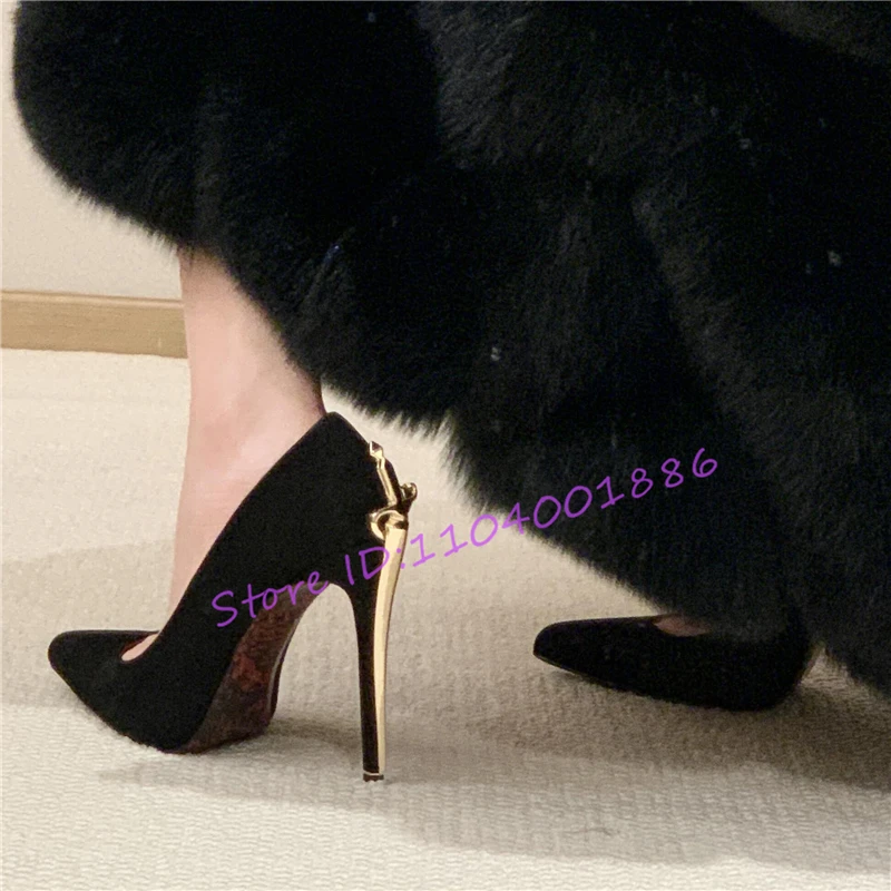 جلد الغزال الأسود عالية الكعب السيف ديكور كعب معدني مضخات مثير أشار تو خنجر الكعوب الفاخرة مأدبة أحذية النساء #2