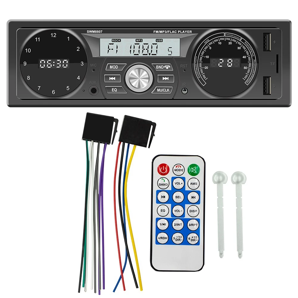 1DIN Car Stereo MP3 Player in Dash Car FM Radio Bluetooth USB/ AUX IN Charging with Clock and Temperature Display