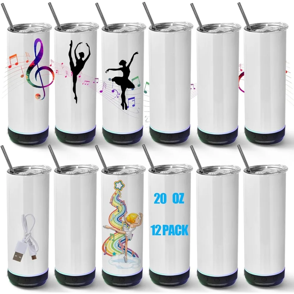 

Набор стаканов с музыкальным динамиком на 20 унций, 12 сублимированных стаканов из нержавеющей стали с двойными стенками, динамиком и крышками