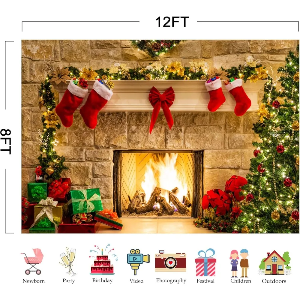 Christmas Fireplace Theme Backdrop,Fabric Tree Sock Decorations Supplies  Pictures Banner Studio Decor Booth Props，Christmas