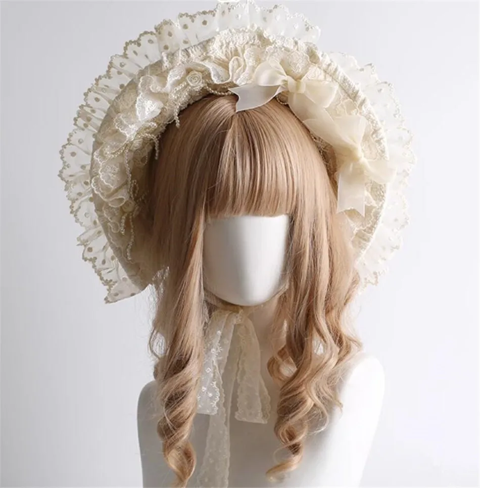 Elegant Beige Lolita Hat Lace Bow BNT Lolita Bow Lace Bandage Hat Girl Headwear  B2641