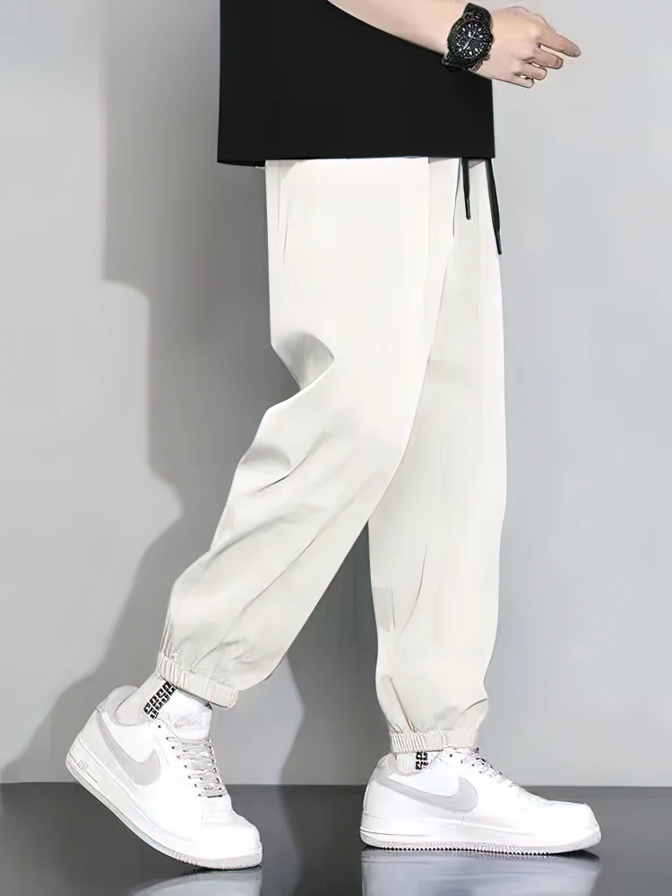 Summer Ice Silk Jogger Pants Men Loose Wide Leg Thin Slim Fit Oversized Sweatpants Male Outfits Casual Ankle-Length Trousers