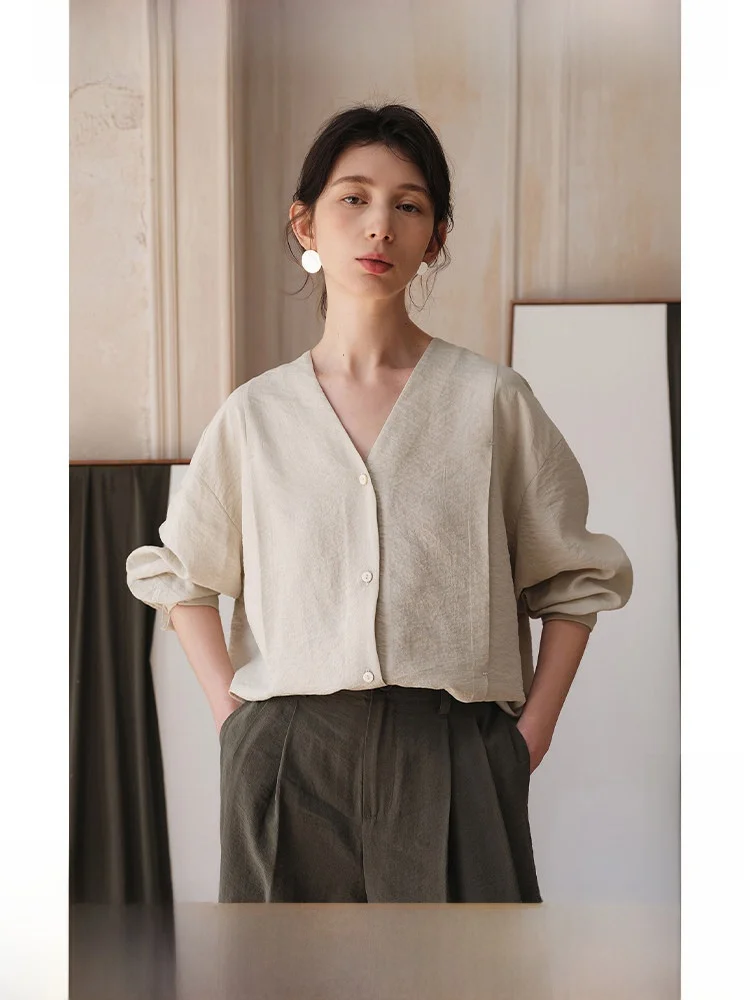 

Ltyp Travel Original Sun Protection Washable Crumpled Dry Thread Casual V-neck Shirt Women Summer Long Sleeve Silk Blend