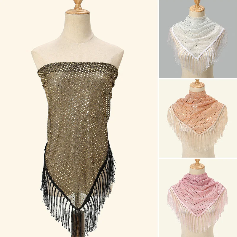 Korean Version Of New Sequin Hollowed Out Lace Whisker Tassel Triangular Scarf For Women's Commuting Versatile Scarf Fashion