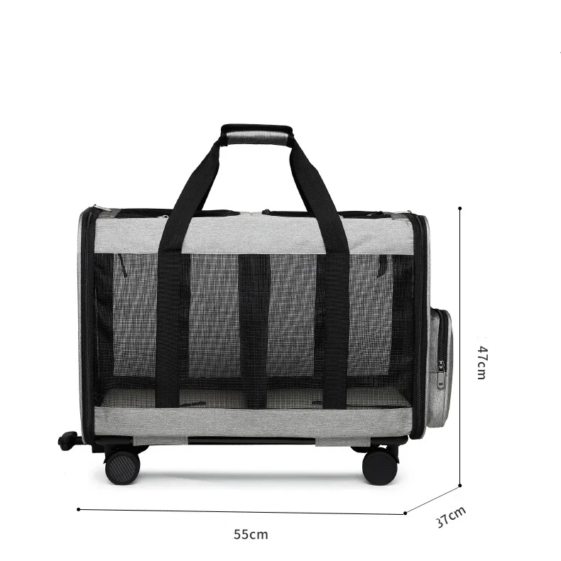 Portable Cat Bag with Detachable Wheels Mesh Window Double Compartment Trolley Bag Travel Rolling Carrier Dog Travel