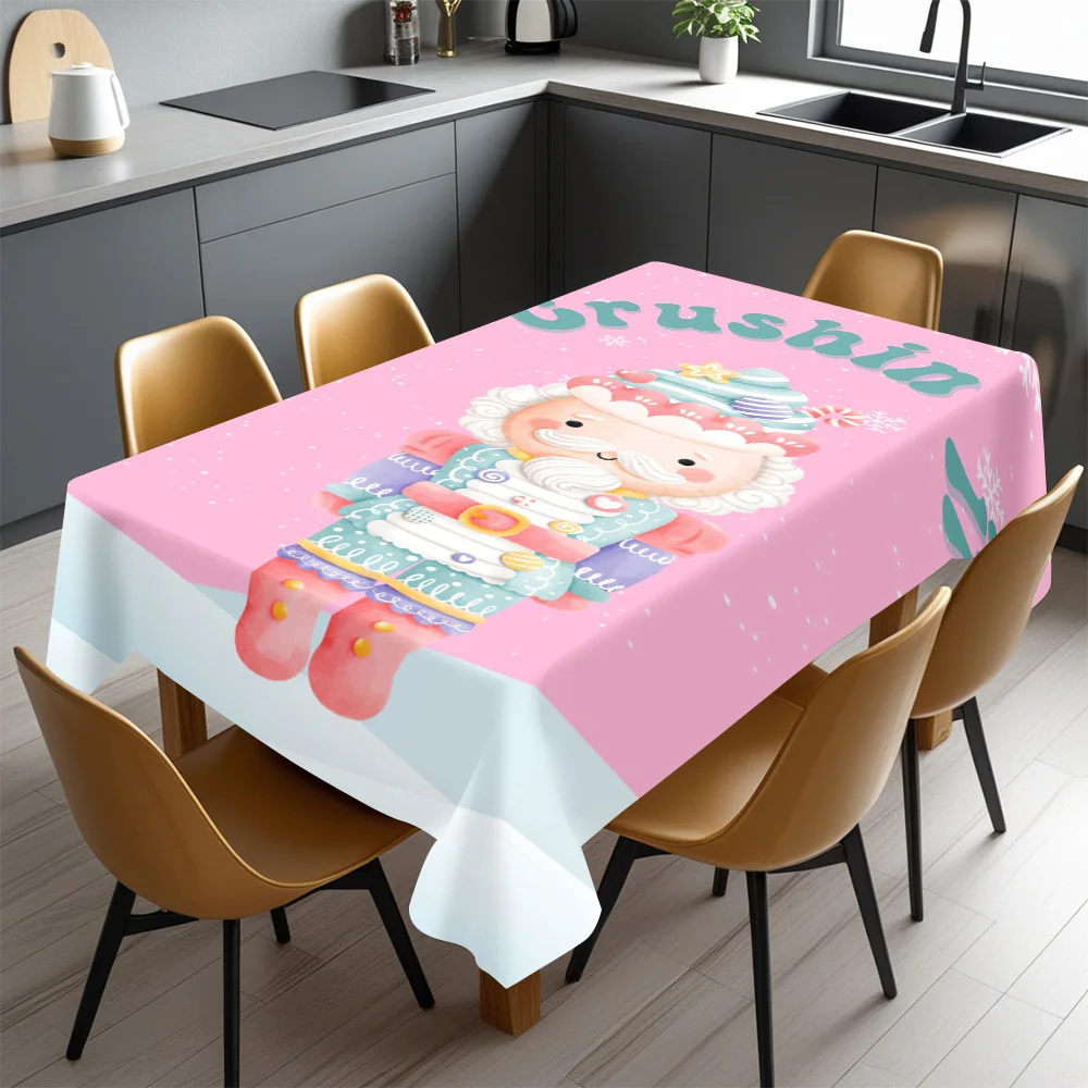 Pink Santa Gnome Tablecloth, Pink Base With Cute Santa Gnome Snowflake Print, Rectangular Table Cover for Christmas Party Decor