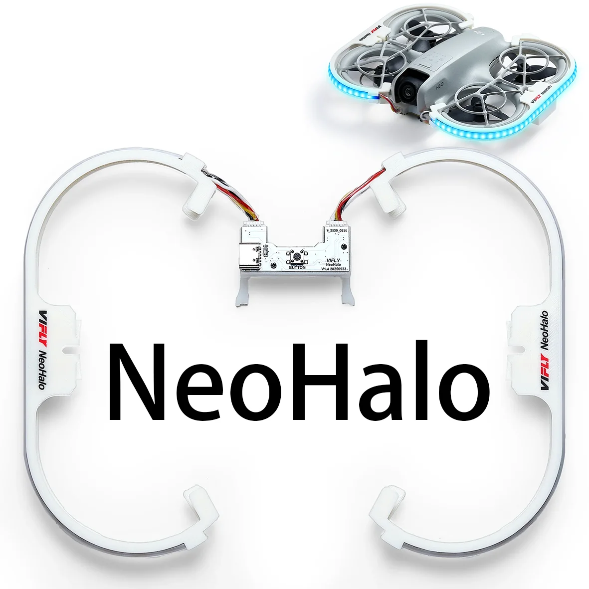 VIFLY NeoHalo Neo2Halo LED-lichtstrip voor DJI Neo Neo2, met multi-kleur dynamische modi voor epische nachtvluchtshows.