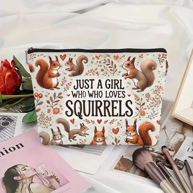 Un sac de maquillage illustré écureuil – Jolie pochette multifonctionnelle à fermeture éclair pour femmes, sac de rangement de bijoux