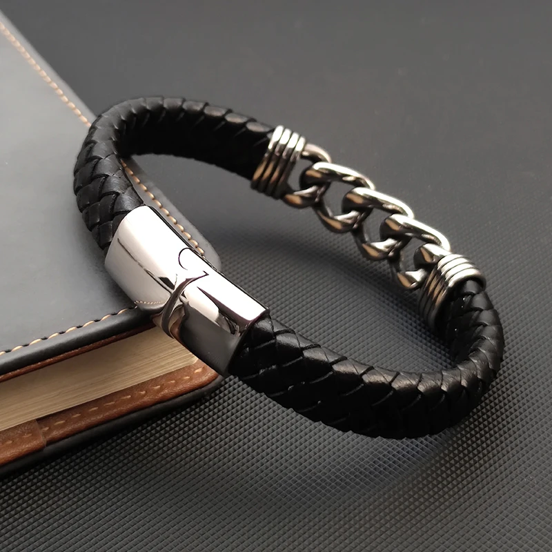 MingAo Luxury Chain Leather Braid Men Bracelet Stainless Steel Buckle Business Men\'s Bangles for Friend Partner Lovers Gift