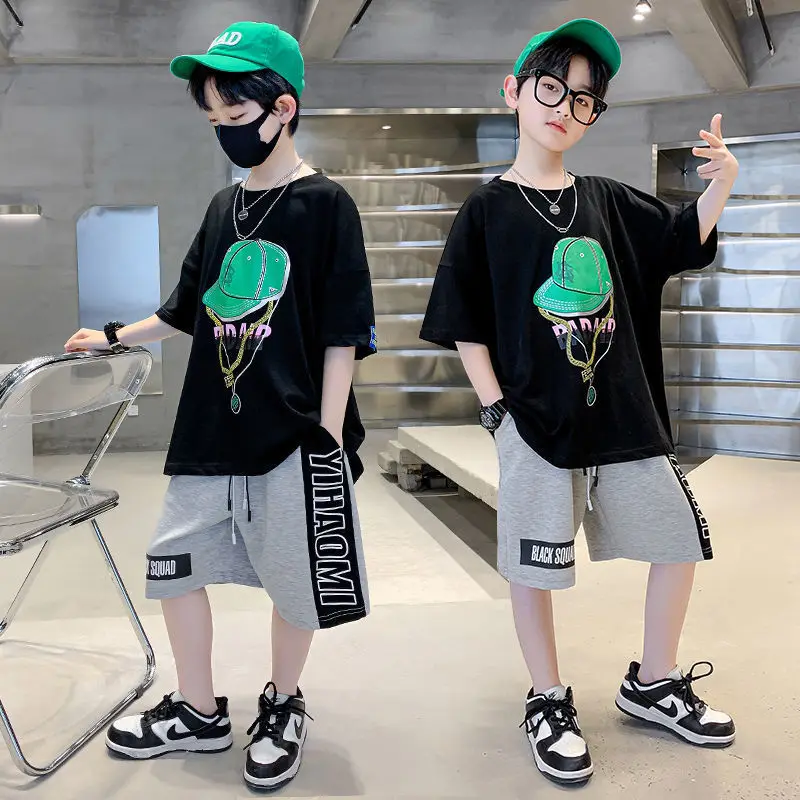 Summer Teenage Boy Girts Clothes Set Children Cap Print Top and Bottom 2 Pieces Suit Kid T-shirts Shorts Outfits Tracksuit