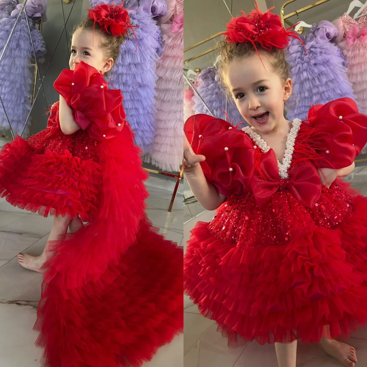 Abiti da ragazza di fiore con paillettes rossi Abiti da festa di compleanno per bambini personalizzati con abito da spettacolo per ragazza con lettiera Quinceanera