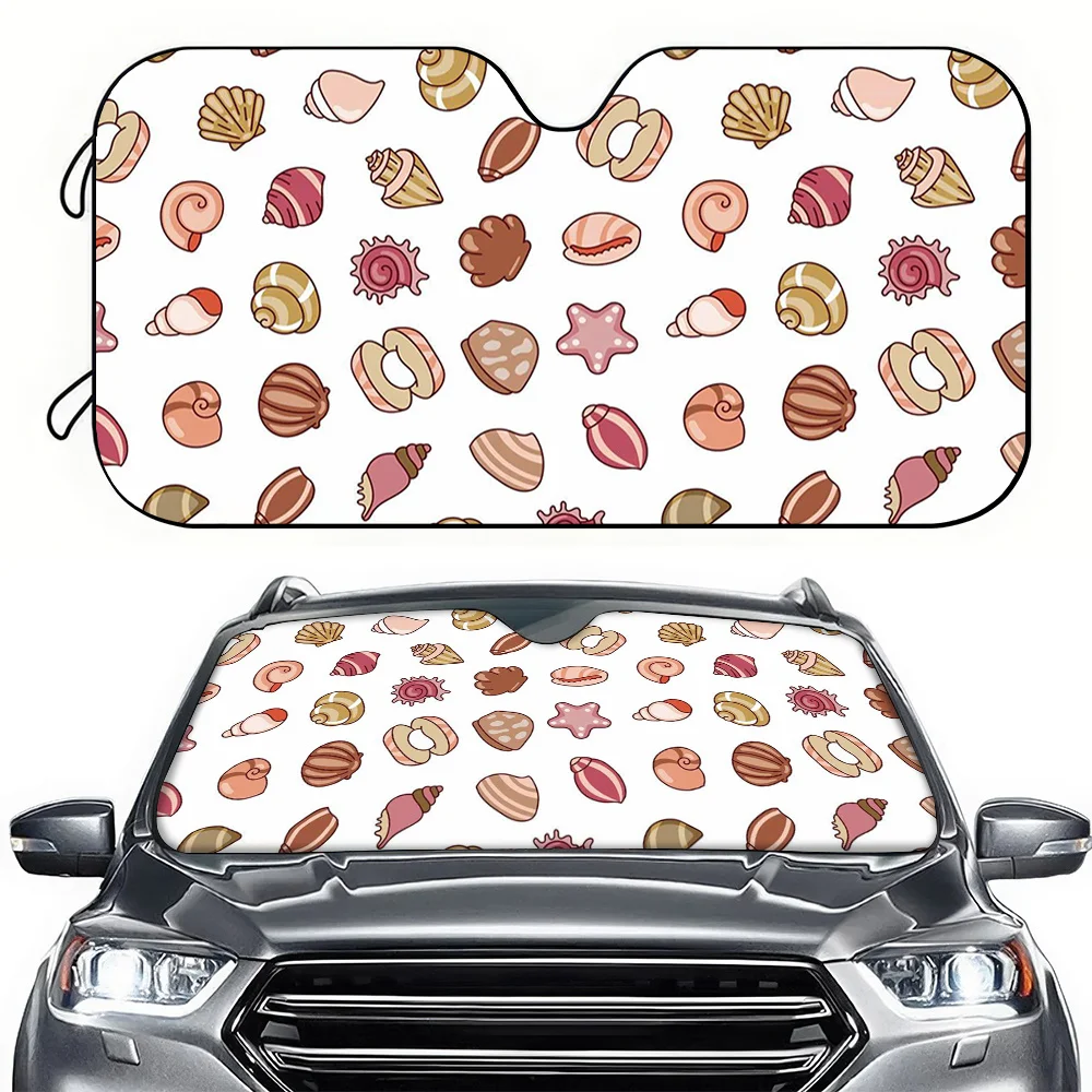 A Car Sunshade With A White Background And Colorful Shell Decorations, Designed To Block UV Rays And Reduce Temperature, Suitabl
