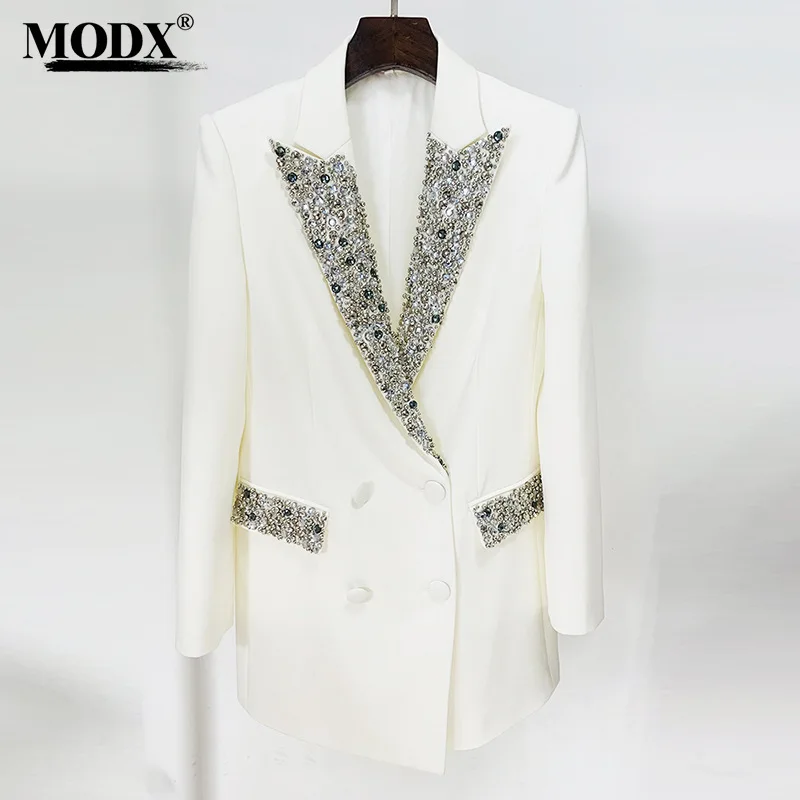 [MODX] New Style Handmade Gorgeous Heavy Industry Nail Bead Inlaid Diamond Slimming Medium Length Suit Coat