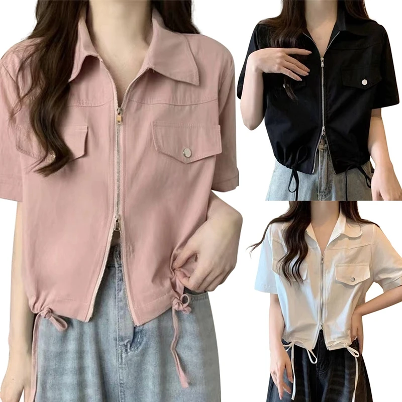 Women Tops Drawstring Tie Zipper Shirt 2024 Summer Workwear Short Loose Short Sleeve Tops