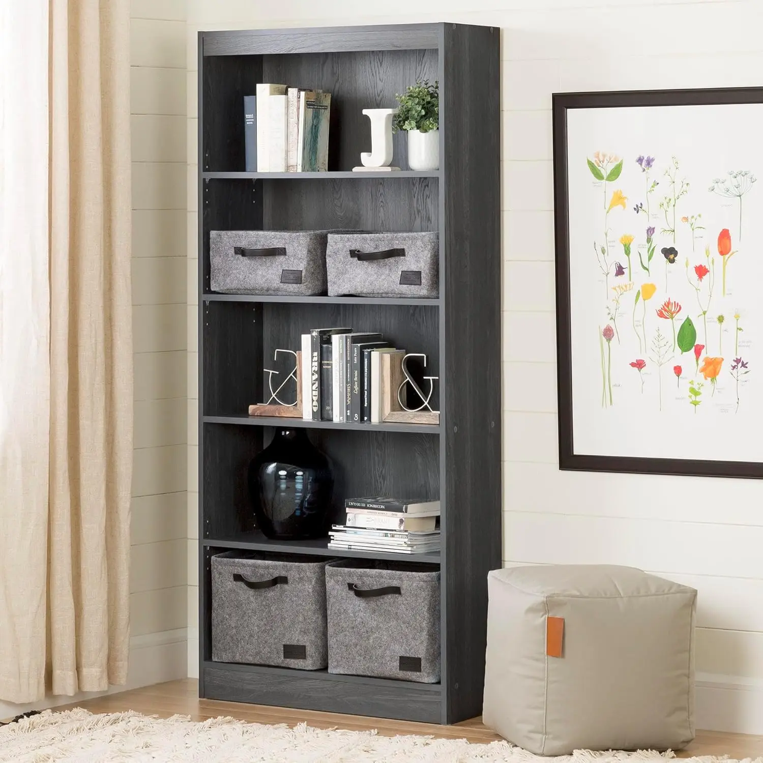 5-Shelf Bookcase - Gray Oak The practical bookcase features a combination of 3 adjustable shelves supporting 25 lbs each