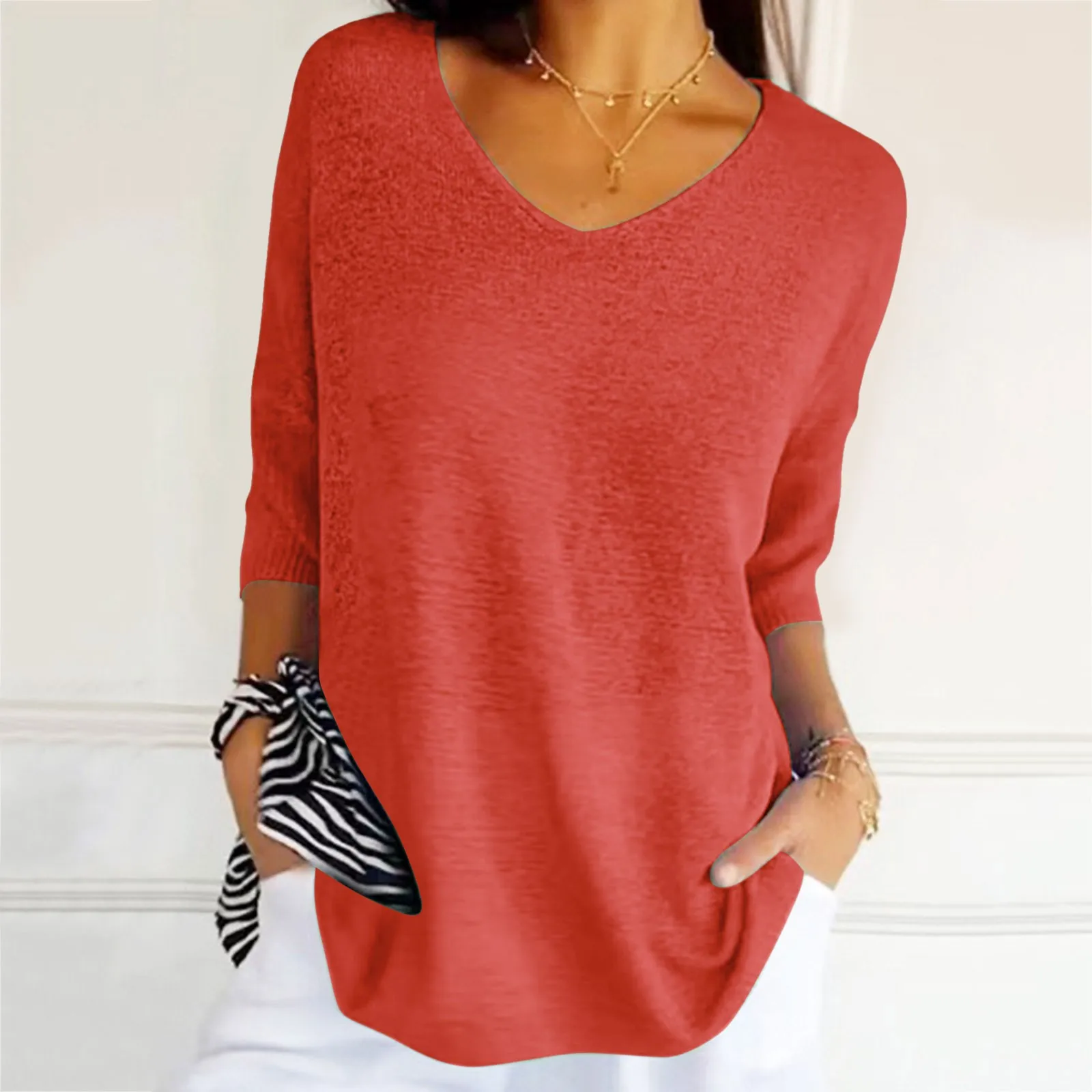 Simple Casual Solid Loose-fitting Sweater Women New Spring V Neck Bottoming T-shirt Autumn Half Sleeve Thin Knitted Top Pullover