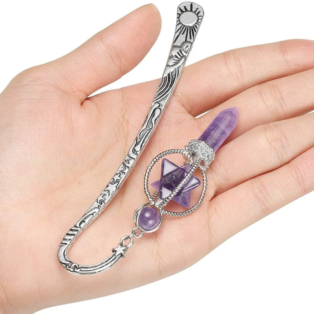 Vintage Metal Bookmark Purple Crystal Gemstone Pendant Charm Book Marker Gifts for Women Teachers Readers