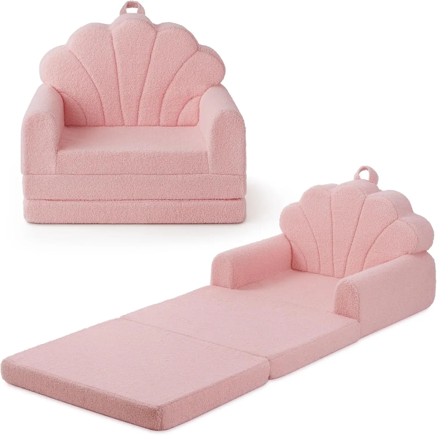 2-in-1 Soft Toddler Couch Fold Out, Toddler Chair Comfy, Convertible Sofa to Lounger with Cute Shell Designs, Pink