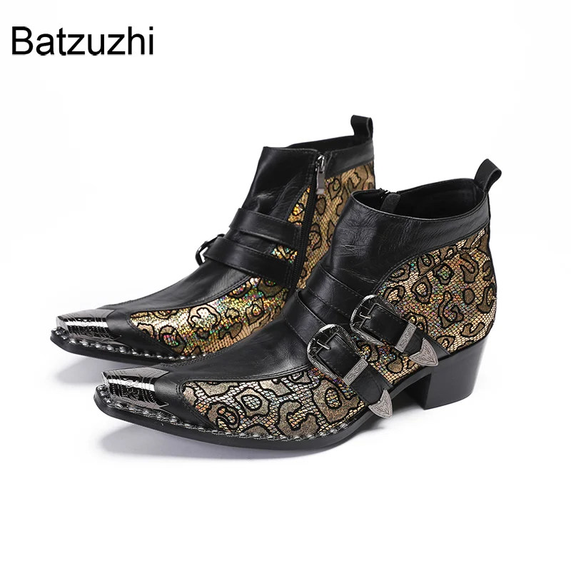 

Batzuzhi 6.5cm High Heels Men's Leather Boots for Man Pointed Iron Toe Black Gold Zip Motorcycle, Party Footwear!