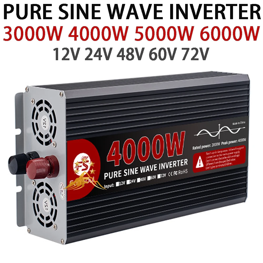 Real Power Pure Sine Wave Inveter 4000W 5000W 6000W  DC 12V 24V 48V 60V 72V Battery AC 220V Off Grid Inverters For Car LiFePO4