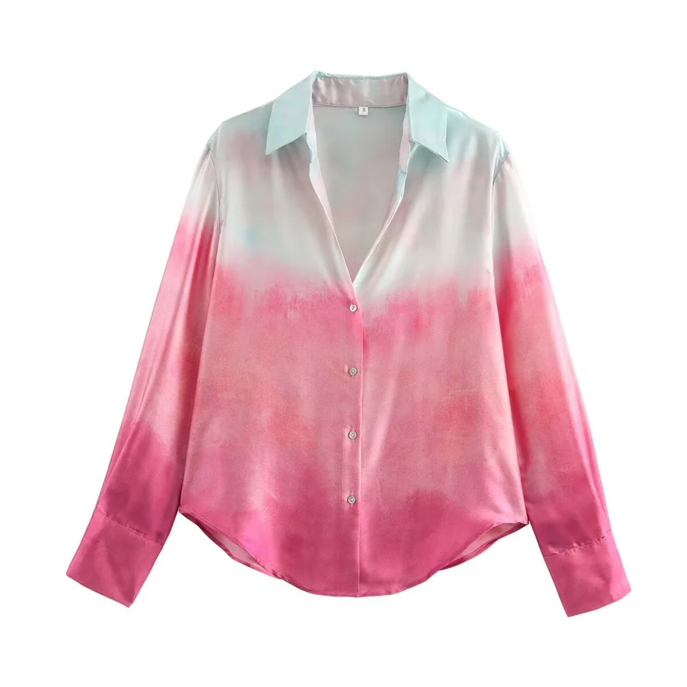 BMURHMZA Autumn New Product Women's Fashion Silk Texture Tie Dyeing Printed Shirt High Waist Wide Leg Pants Set