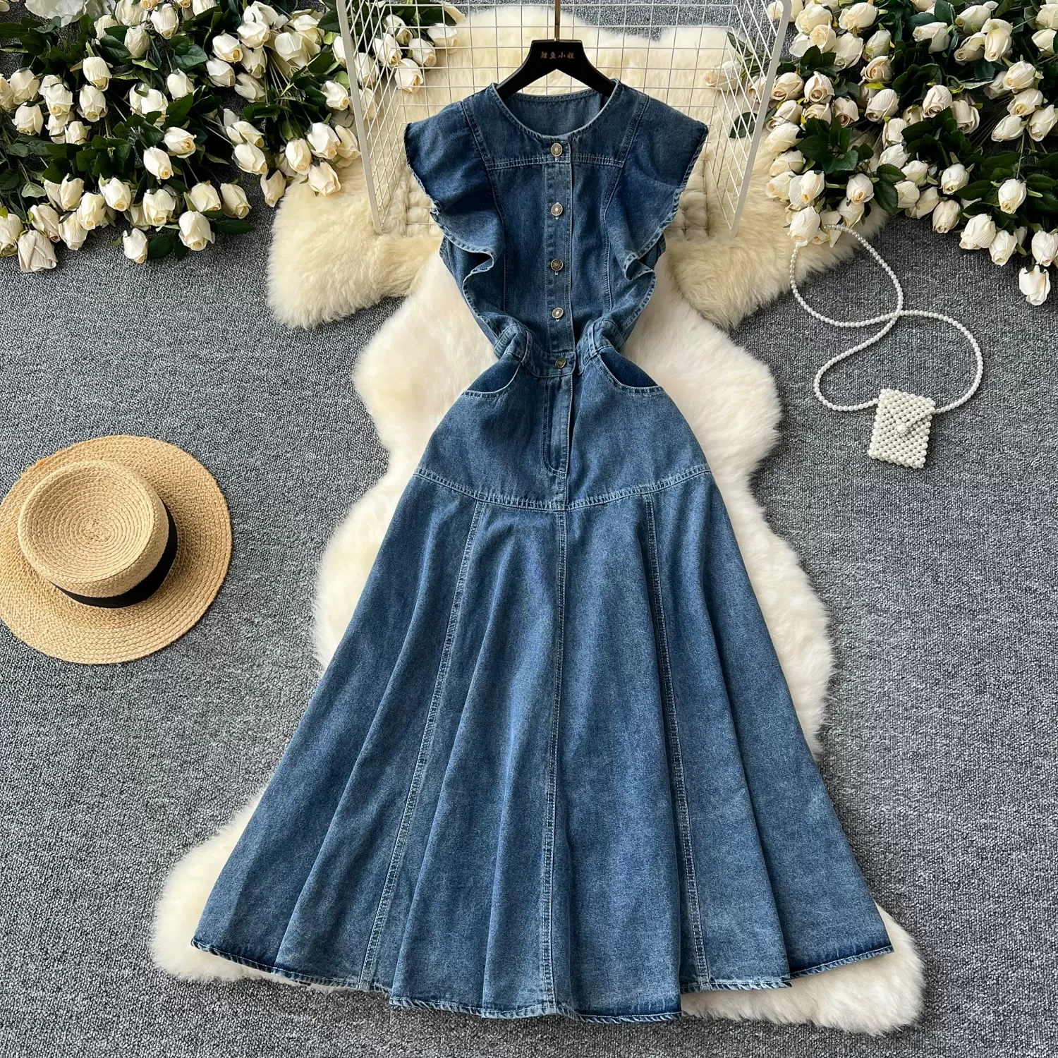 Women Jeans LLong Dress O-Neck Single Breasted Ruffless Sleeve Slim Waist Denim A-line Mini Dress Vestidos Clothing