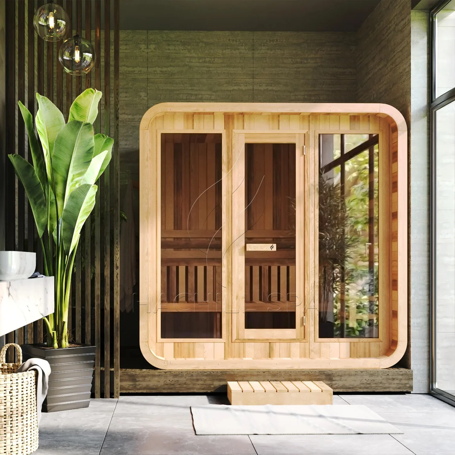 Hachillspa 4-Person Outdoor Cube Sauna Full Glass Front Thermowood Family Cabin Solid Wood Home Garden Spa Sauna House