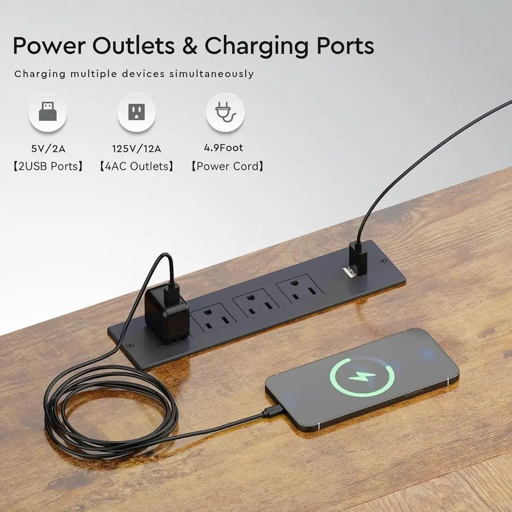 โต๊ะทำงานแบบมีไฟ LED แบบพลิกกลับได้พร้อมพอร์ตชาร์จและชั้นวางเข้ามุมสำหรับโฮมออฟฟิศ สีน้ำตาล