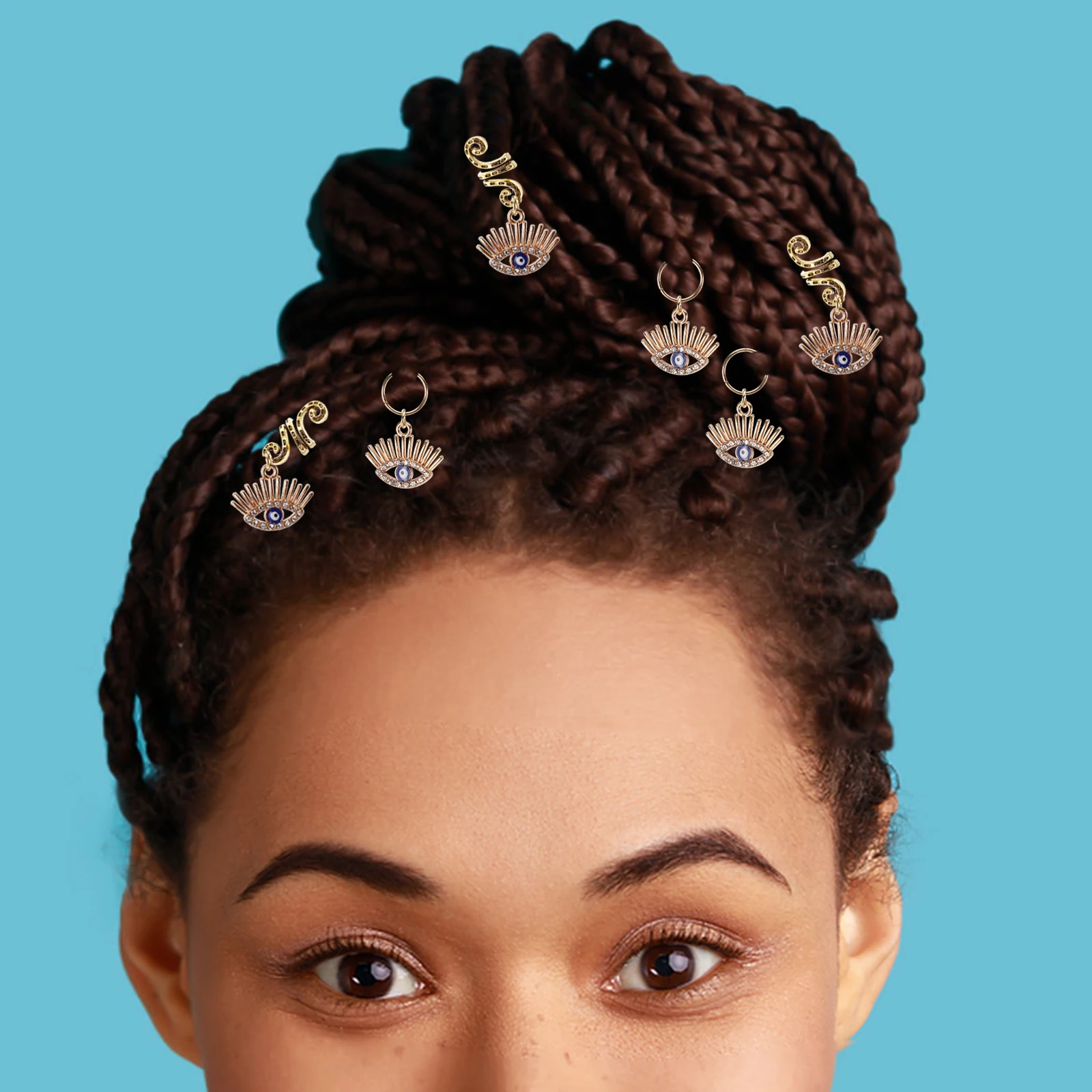 

6pcs Snake Hair Rings Evil Eye Charms Gold Metal Hair Decor Clip On Beads Stylish Unique Design Festive Accessories